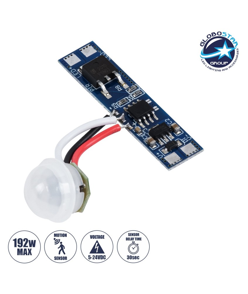 GLOBOSTAR® SENSORA 70692 Ανιχνευτής PIR - Αισθητήρας Κίνησης Ειδικός για Προφίλ Αλουμινίου 180° DC 5-24V 8A 192W Max IP20 - Μ4.3 x Π1 x Υ1.5cm - 2 Χρόνια Εγγύηση